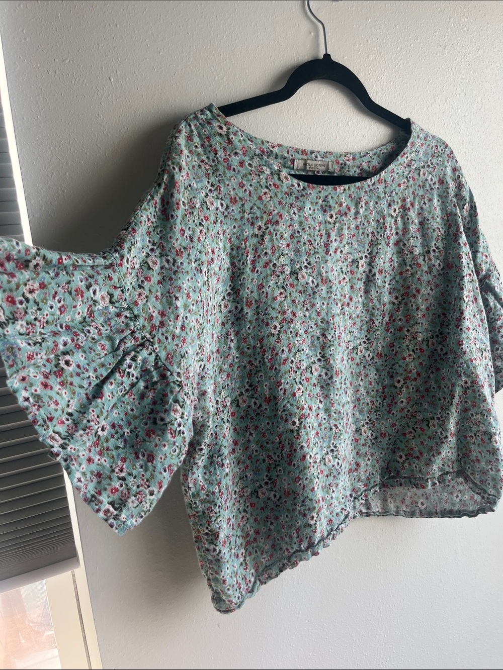 Linen Mint Floral Boxy Blouse with Short Dolman Sleeves